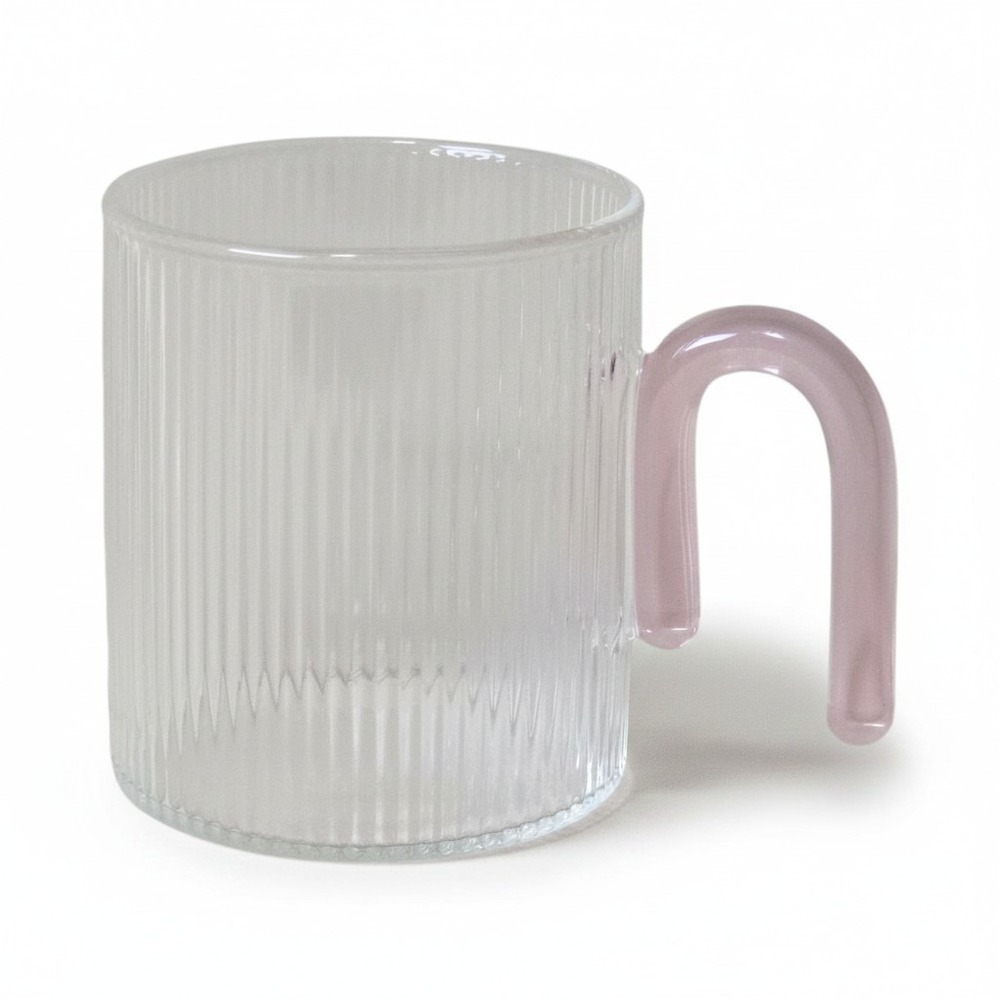 Sage &‎ Cooper Archer Ribbed Glass Mug Clear Pink Handle Art Deco Danish Pastel